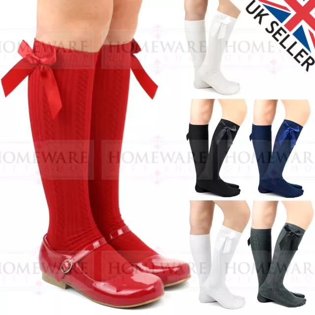 Girls Knee High Bow Socks Spanish Style Cotton Rich Cable Knit Design White Navy
