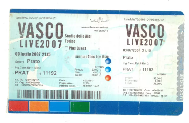 Biglietto Concerto Vasco Rossi Live 3 Luglio 2007 Stadio Delle Alpi Torino