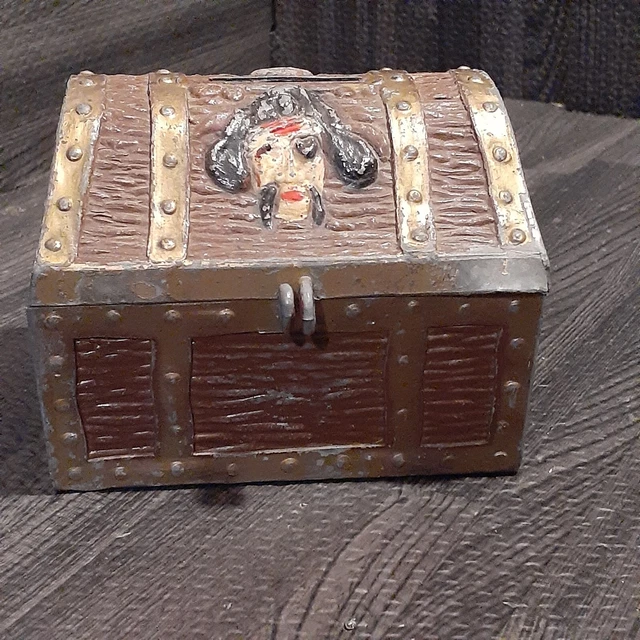 Vintage Metal Treasure Chest Coin Bank  Pirate  Skull & Crossbones  Mid-century