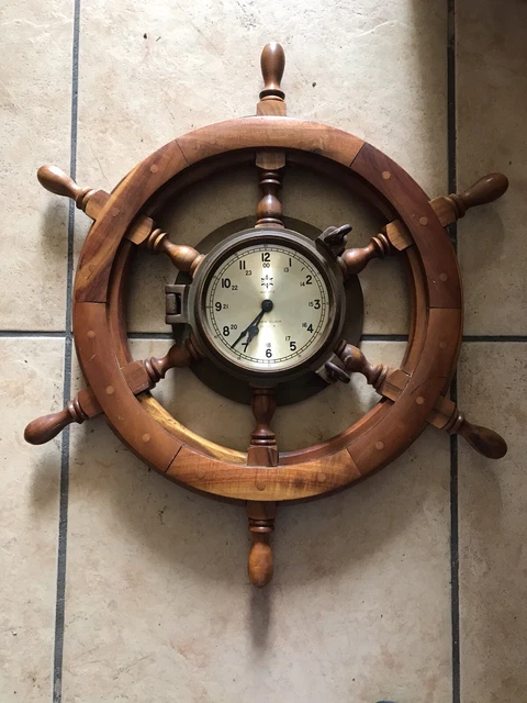 Vintage, Bressom Ship's Clock Mounted On Ship's Wheel, Quartz