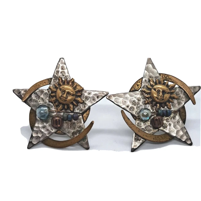 Sun And Moon Pierced Earrings About 1-1/4" Metal