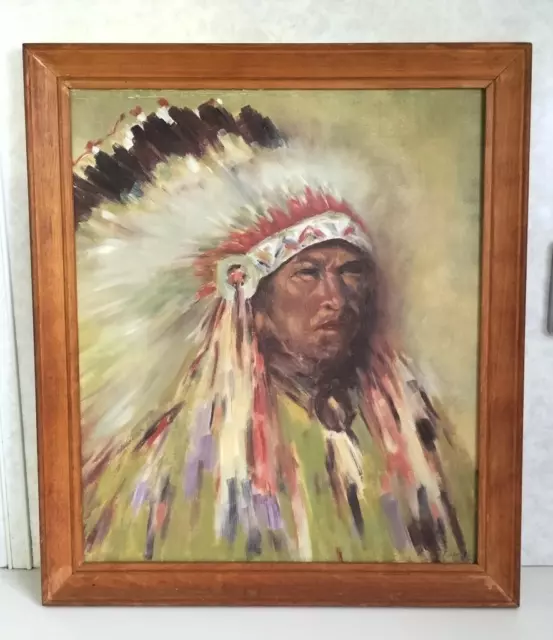 Native American Indian Chief Portrait PAINTING. SIGNED Parker 1975. SemiAbstract