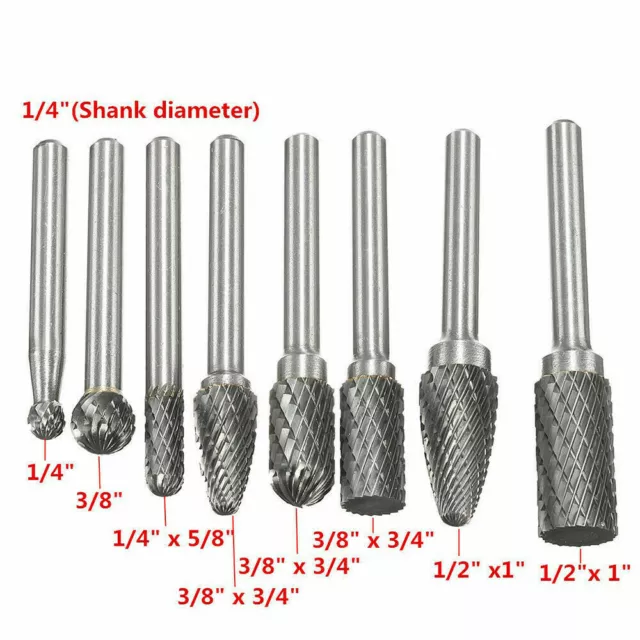 8X 1/4'' Double Cut Tungsten Steel Carbide Rotary Burr Die Grinder Shank Bit Set