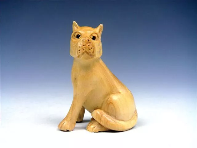 Boxwood Hand Carved Japanese Netsuke Sculpture Dog Puppy Sitting Up #02232402