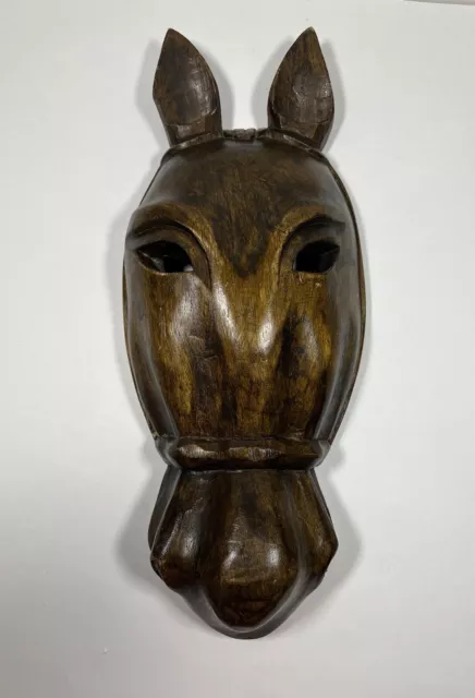 Hand-Carved Hardwood 16” Horse Face Mask, Folk Art, Origin Unknown, Beautiful