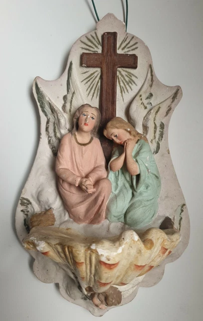 BENITIER COQUILLAGE ANGE CHERUBIN AUTEL CROIX ancien en plâtre polychrome