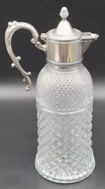 Vintage Crystal CARAFE Pitcher  Wine DECANTER ITALY Silver Plated Lid Spout Pour