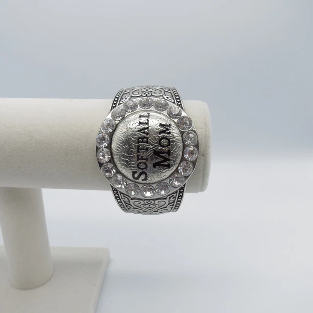 Softball Mom Bracelet 7.25" Magnetic Hinged Bangle Statement Silver Tone Jewelry