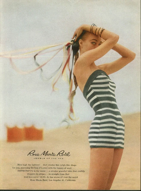 How high the fashion! Rose Marie Reid Impromptu swimsuits ad 1957