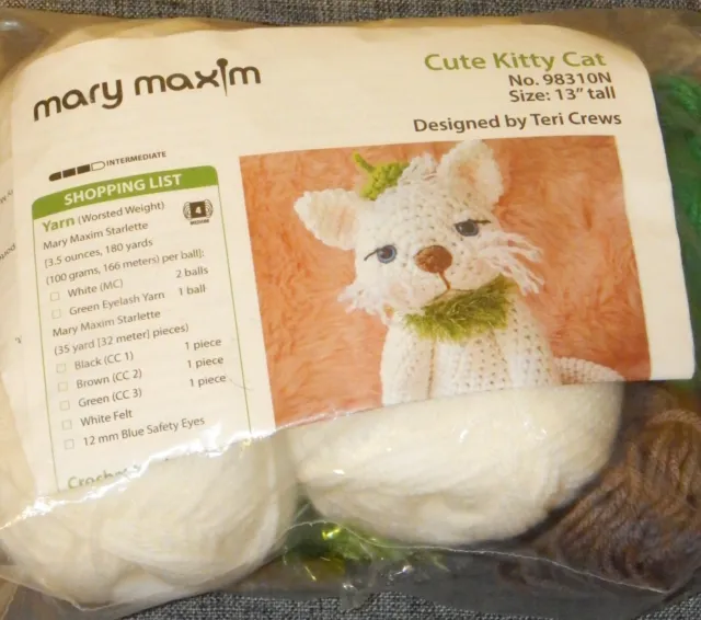 Mary Maxim Cute Kitty Cat Crochet Kit - Finished Size: 13" Tall. - Brand New Kit