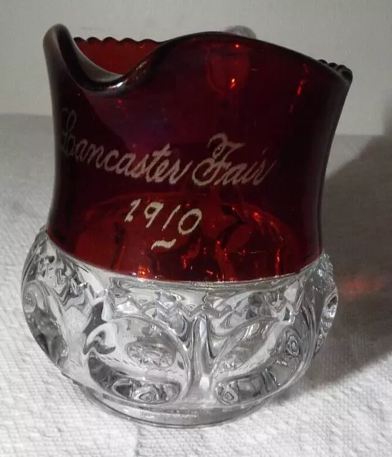 Lancaster Fair 1910 Ruby Glass Small Pitcher Souvenir Starburst Bottom "Read"