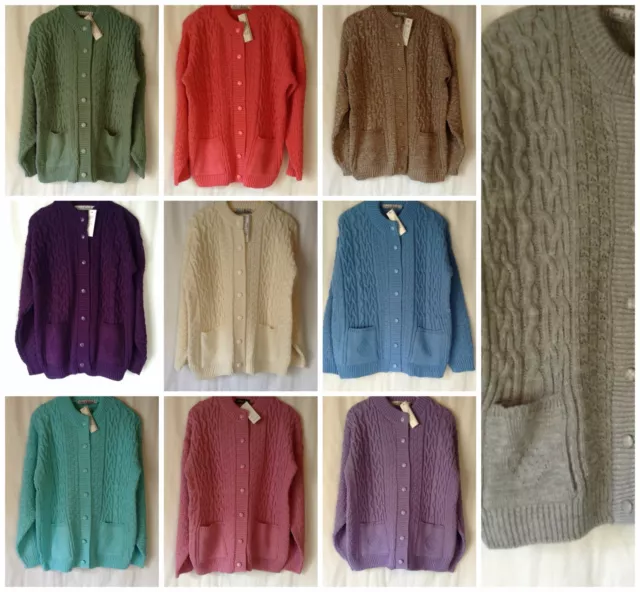 New Ladies Chunky Cable Knit Crew Neck Acrylic Cardigan With Pockets*20 Colours*
