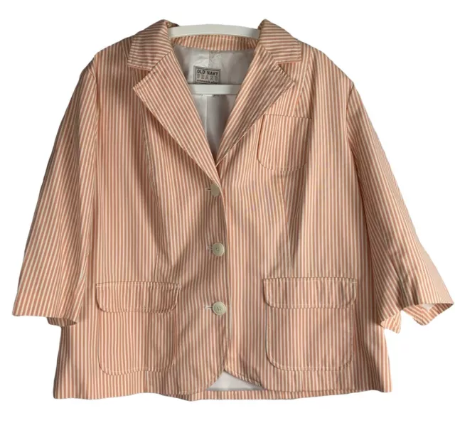 Old Navy Womens Plus Blazer Jacket Size 1X Lined 3/4 Sleeve Peach White Stripes