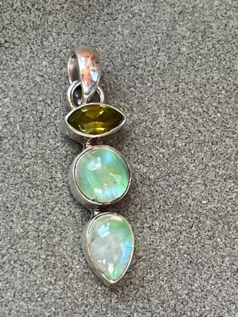 Small Pinched Oval Olive Green & Light Green Labradorite or Moonstone Stone in 2