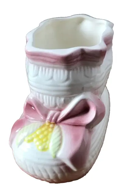Vintage Ceramic Pink / White Baby Girl Bootie Planter Bow VGUC Free Shipping!