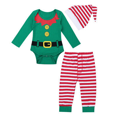 Infant Baby Christmas Outfit Long Sleeves Romper Tops Striped Pants Hat Set