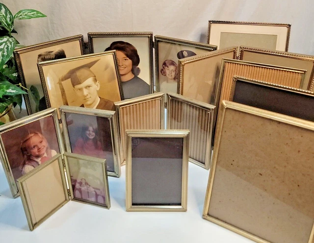 Lot of 11 Vintage Embossed Gold Metal Photo Frames Bi-Fold Tri-Fold All Sizes!