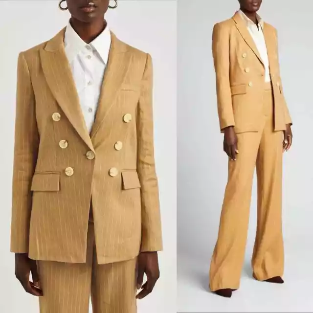 VERONICA BEARD GAYA Pinstripe Linen Dickey Blazer Jacket Camel Size 10 ...