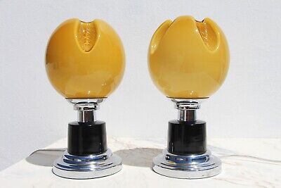 1920s French Art Deco Bedside Table Lamps, Black, Chrome and Yellow - a Pair