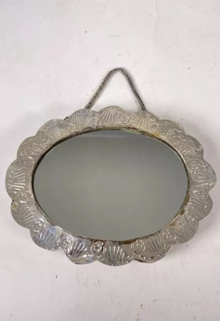 ANTIQUE 900 Silver Repousse Hanging 5 1/2" Mirror Tavra Turkish Wedding Vintage
