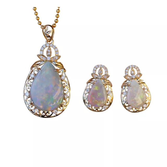 Natural Australia solid opal w/diamond pendant earring 18K yellow Gold KG270 271