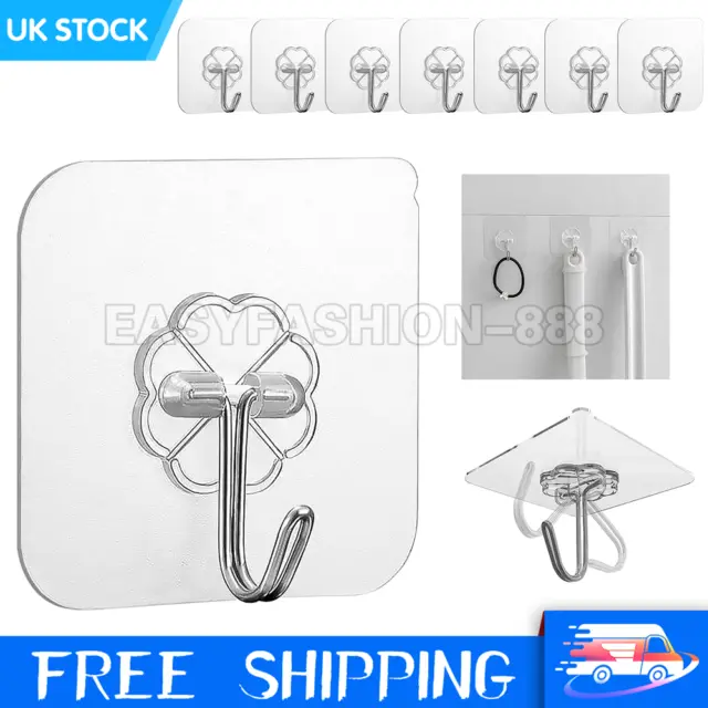 1-100 Self Adhesive Strong Sticky Hooks Heavy Duty DIY Wall Seamless Transparent