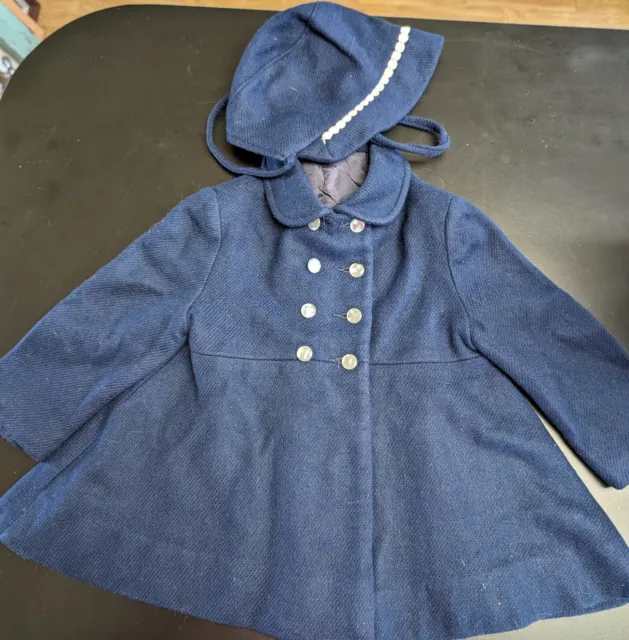 Girl Toddler Vintage Wool Pea Coat Navy Blue Matching Bonnet Lined Easter