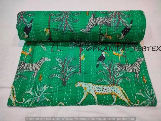 Kantha India Colcha Estampado Animal Verde Reina Algodón Cubrecama Ropa de Cama