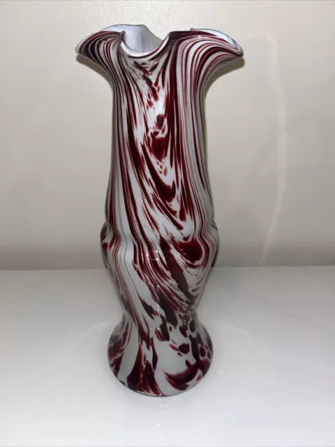 Murano Art Hand Blown Vintage 1950s Glass Vase  Red /  Brown / White 33cm Height