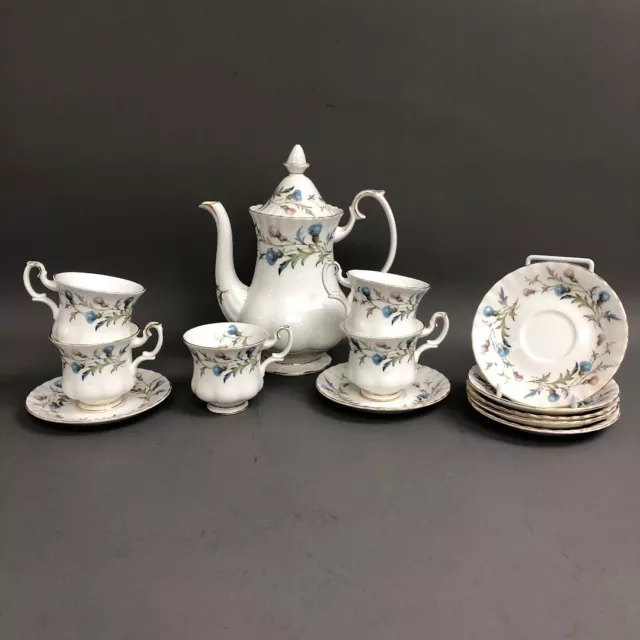 Royal Albert Brigadoon Tea Set 13 Piece Bone China Thistle Cup Teapot Saucer -CP