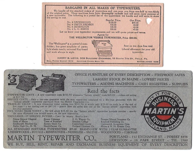 2 Ink Blotters, Wellington Visible Typewriter And Martin Typewriter Co. In Maine