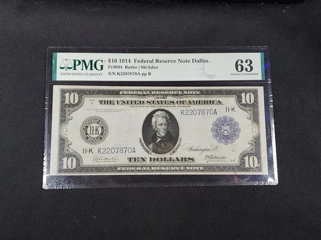 FR#944 1914 $10 Federal Reserve Note Dallas - PMG 63 Choice Uncirculated