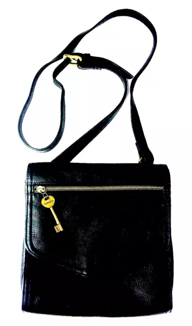 Vintage Fossil Black Leather Crossbody Bag Purse 1954 Key 75082 American Classic
