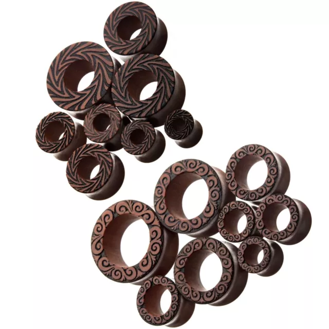 PAIR - TEXTURED TRIBAL SAWO WOOD TUNNELS EAR PLUGS ORGANIC GAUGES (10mm-25mm)