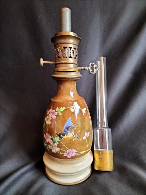 Lampe à pétrole en barbotine/céramique impressionniste à l'oiseau & fleurs /XIXe
