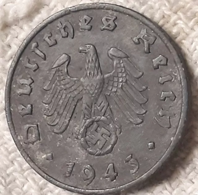 1943 F ,  1 Reichspfennig ~ German ~ WWII Germany ~  WW2 Circulated Dark Coin ~