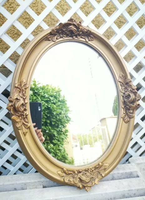 Ancien Magnifique Miroir Ovale Avec Cadre En Bois Doré Sculpté Fleurs 49 x 38 cm