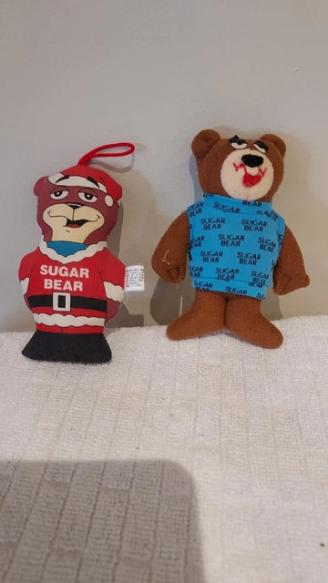 2 Vintage 1990 Sugar Bear Cereal Christmas Ornament Santa Bear & Blue Sweater