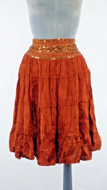 Gonna zingara paillettes ricamata mattoni svasati rosso a livelli T2 zingaro bohémien M