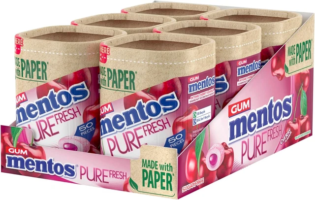 MENTOS PURE FRESH Sugar Free Chewing Gum, Paperboard, Cherry, 50 Pieces ...