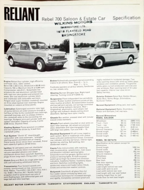 Reliant Rebel 700 Saloon Estate Specification Sheet Brochure 1960s