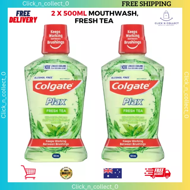 2x Colgate Plax Antibacterial Mouthwash, 500mL, Fresh Tea, Alcohol Free