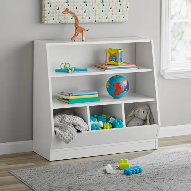White Kids Toy Storage Bin and Two Shelf Organizer Shelf Bookcase Playroom White
