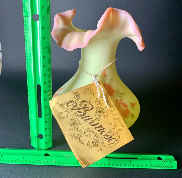 Vintage Fenton Burmese Ruffle Top Hand Painted Rose Vase Artist Signed