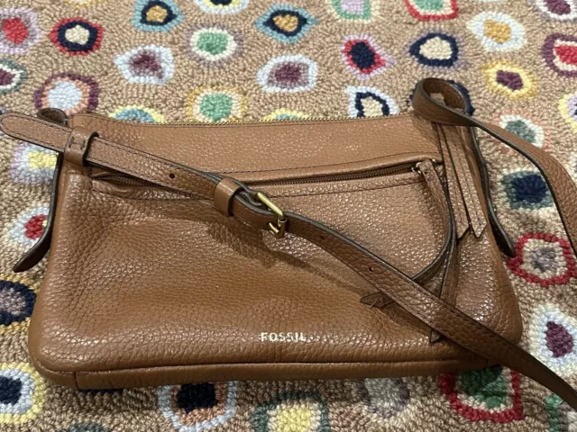 Fossil TESSA Crossbody MESSENGER BROWN COGNAC PEBLLED Leather EUC LN 2