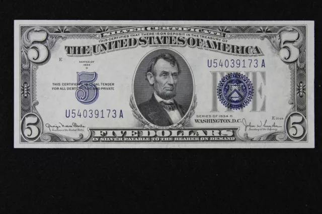 $5 1934D CU Wide 2 Blue Seal Silver Certificate U54039173A Series D, bp 2088 WII