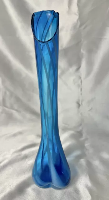 Vintage MCM Blue White Swirl Swung Vase Hand blown Glass unmarked 10.5” tall