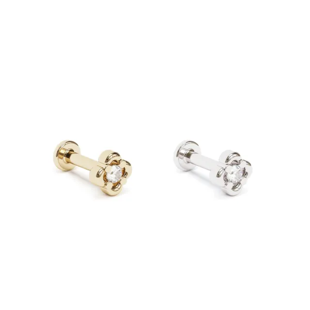 14K Solid Gold Solitaire Diamond Floral Stud - Cartilage, Helix, Tragus, Conch