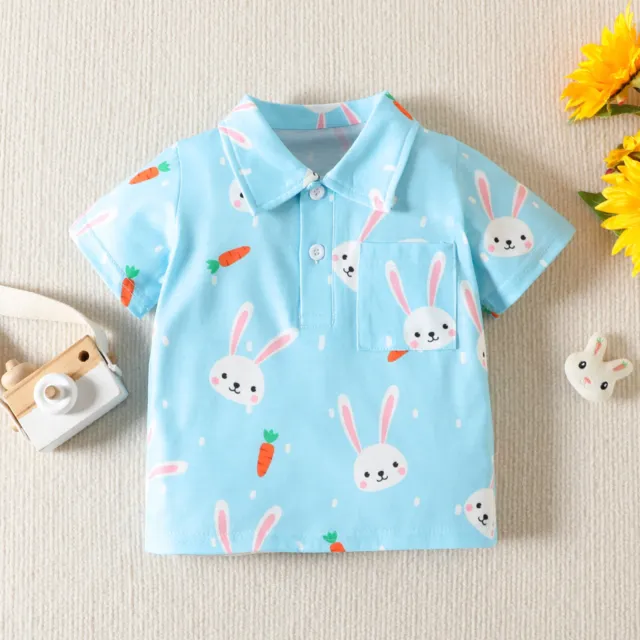 Toddler Boys Girls Short Sleeve Easter Cartoon Rabbit Printed Tops With Pocket