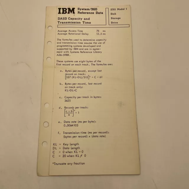 Vintage IBM System 360 Reference Data Card Foldout  USA vintage